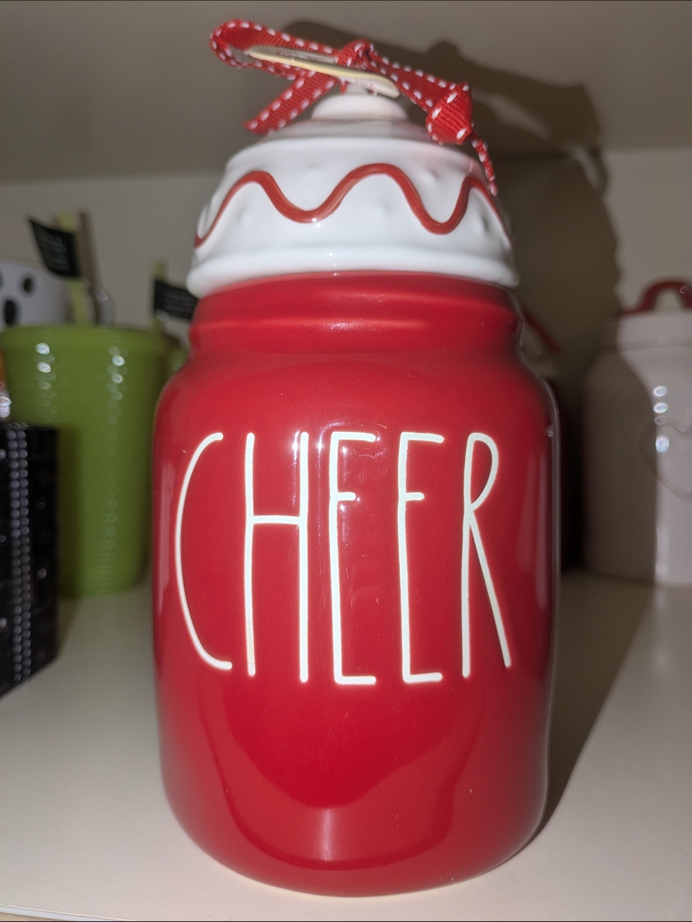 Rae Dunn Red & White 'CHEER' Ceramic Holiday Ornament Canister